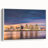 Vintage poster art of New Orleans with colorful elements on a large framed canvas, ideal for living room decor.