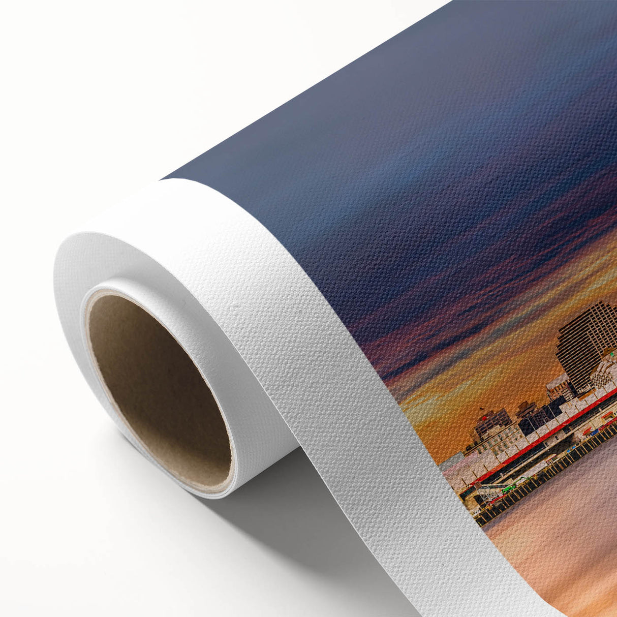 Art Deco style poster of New Orleans skyline, in pastel shades on rolled canvas.