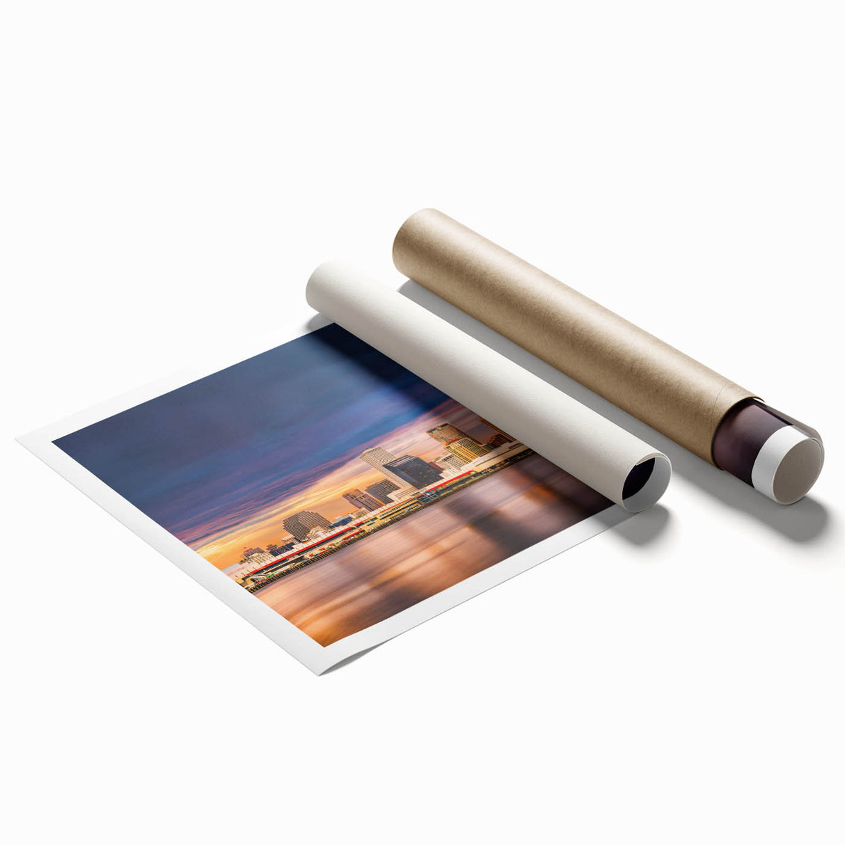 Extra large rolled print of New Orleans scenery with floral accents in soft pastel colors.