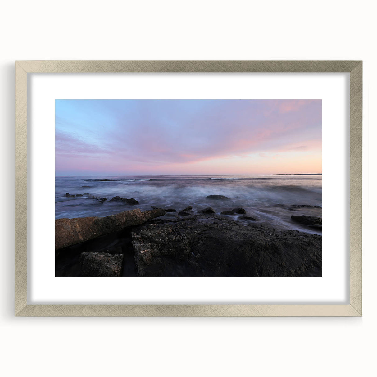 Textured abstract art print of Acadia in Maine, featuring muted earth tones on a framed silver mat, suitable for bedroom art.