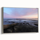 Framed canvas landscape art painting of Acadia, Maine in vibrant colors with vintage poster style.