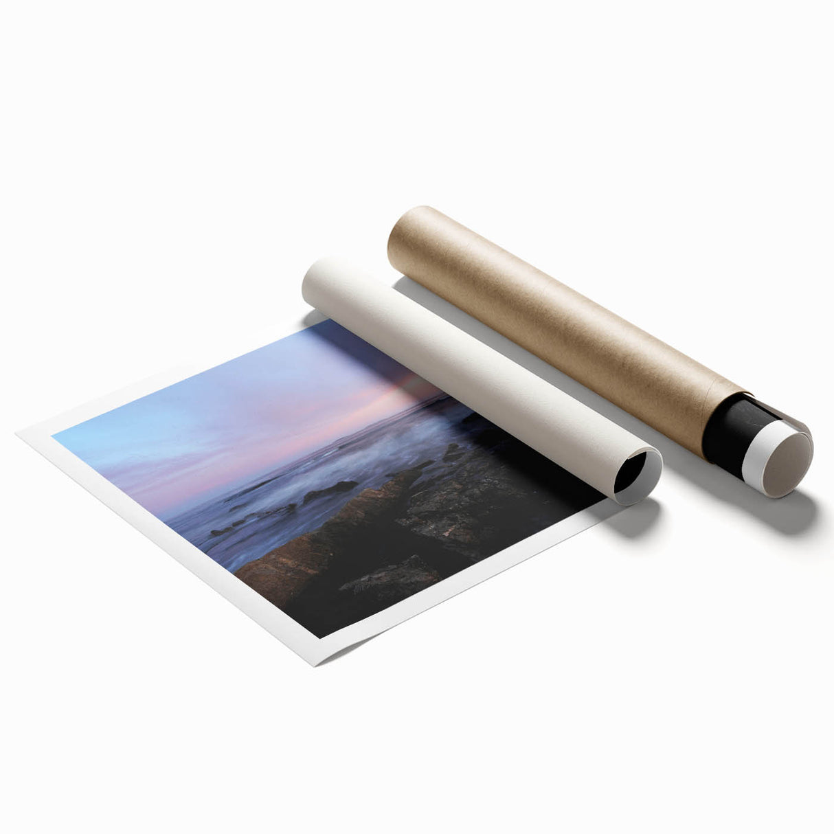 Extra large rolled print of Acadia, Maine scenery with floral elements in muted colors, ideal for classy bathroom wall art.