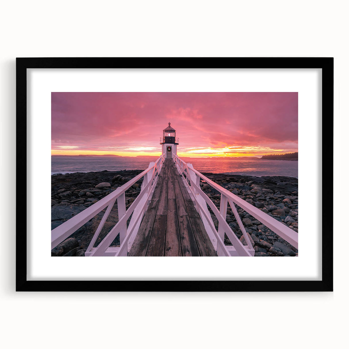 Abstract art print featuring vibrant, colorful textures of Maine scenery on a large black-framed canvas.