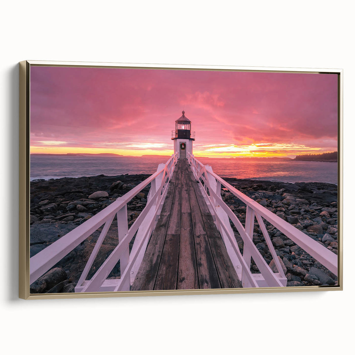Framed canvas depicting a vintage-style Maine landscape in black and gold tones, ideal for bedroom wall decor.