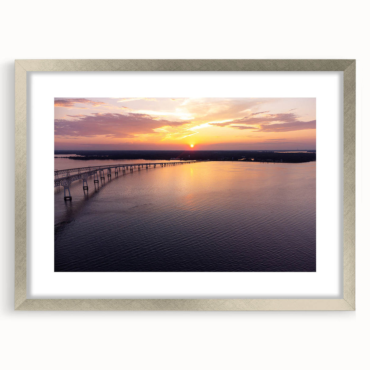 Textured abstract art print of Annapolis scenery in muted blue and silver tones, framed with a silver mat.