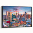Black and white framed canvas of Baltimore landscape, ideal for bedroom wall decor.