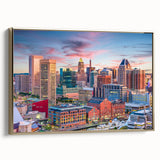 Framed canvas featuring a vintage-style Baltimore landscape with muted gold and black tones, ideal for bedroom wall art.