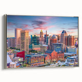 Framed canvas of a vintage-style Baltimore landscape painting in muted gray and colorful accents, ideal for office decor.