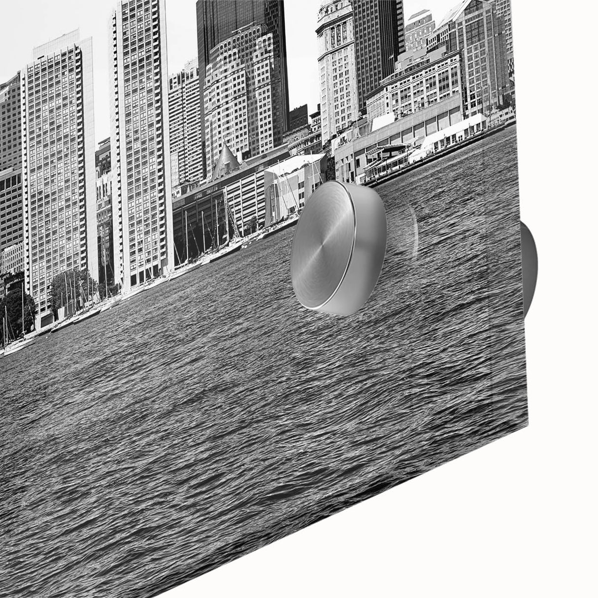 Large abstract wall art of Boston skyline in muted blue and gray tones on acrylic glass, ideal for dining room art.