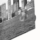 Large abstract wall art of Boston skyline in muted blue and gray tones on acrylic glass, ideal for dining room art.