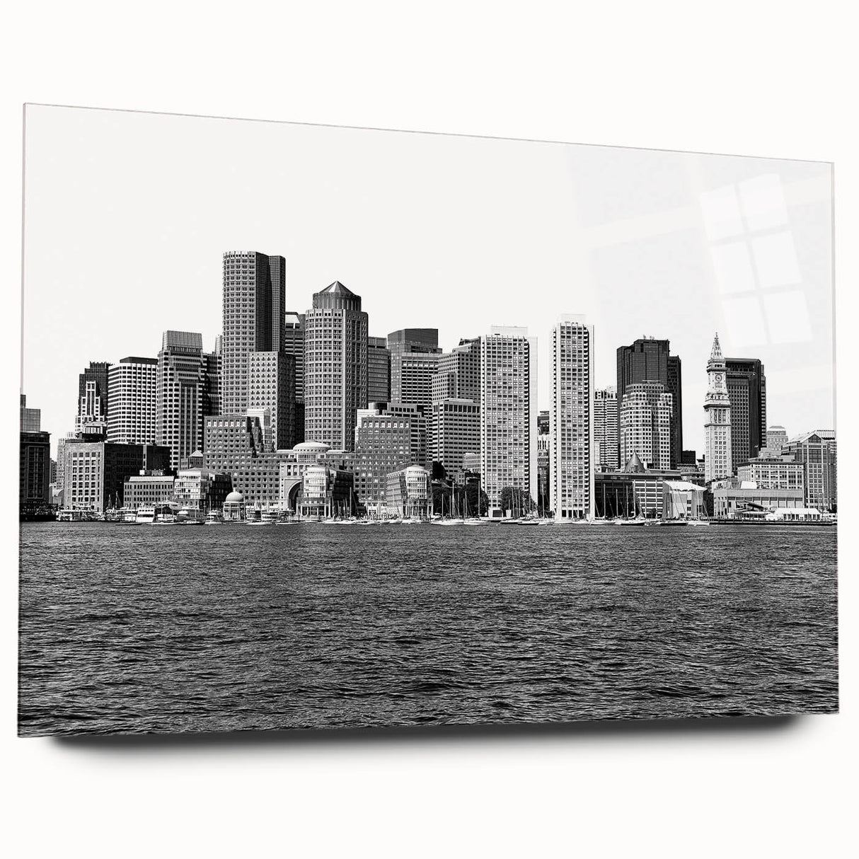 Large abstract depiction of Boston skyline in muted blue and gray tones on acrylic glass.