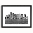 Extra large abstract art print of Boston skyline in colorful, textured style on black framed canvas.