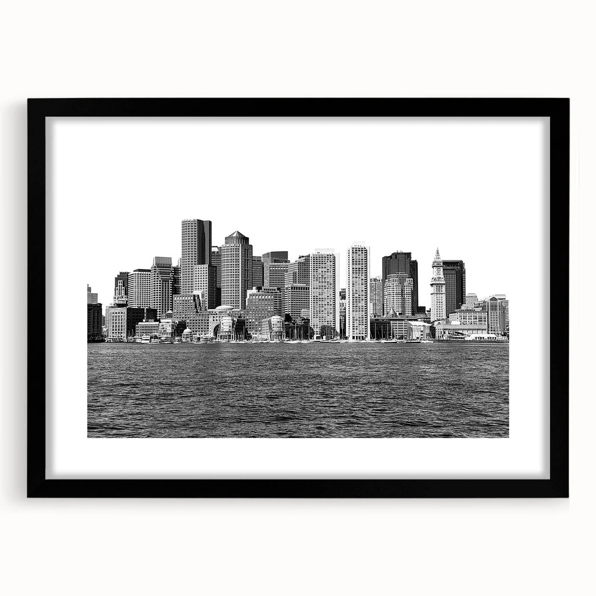 Extra large abstract art print of Boston skyline in colorful, textured style on black framed canvas.