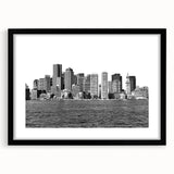 Extra large abstract art print of Boston skyline in colorful, textured style on black framed canvas.