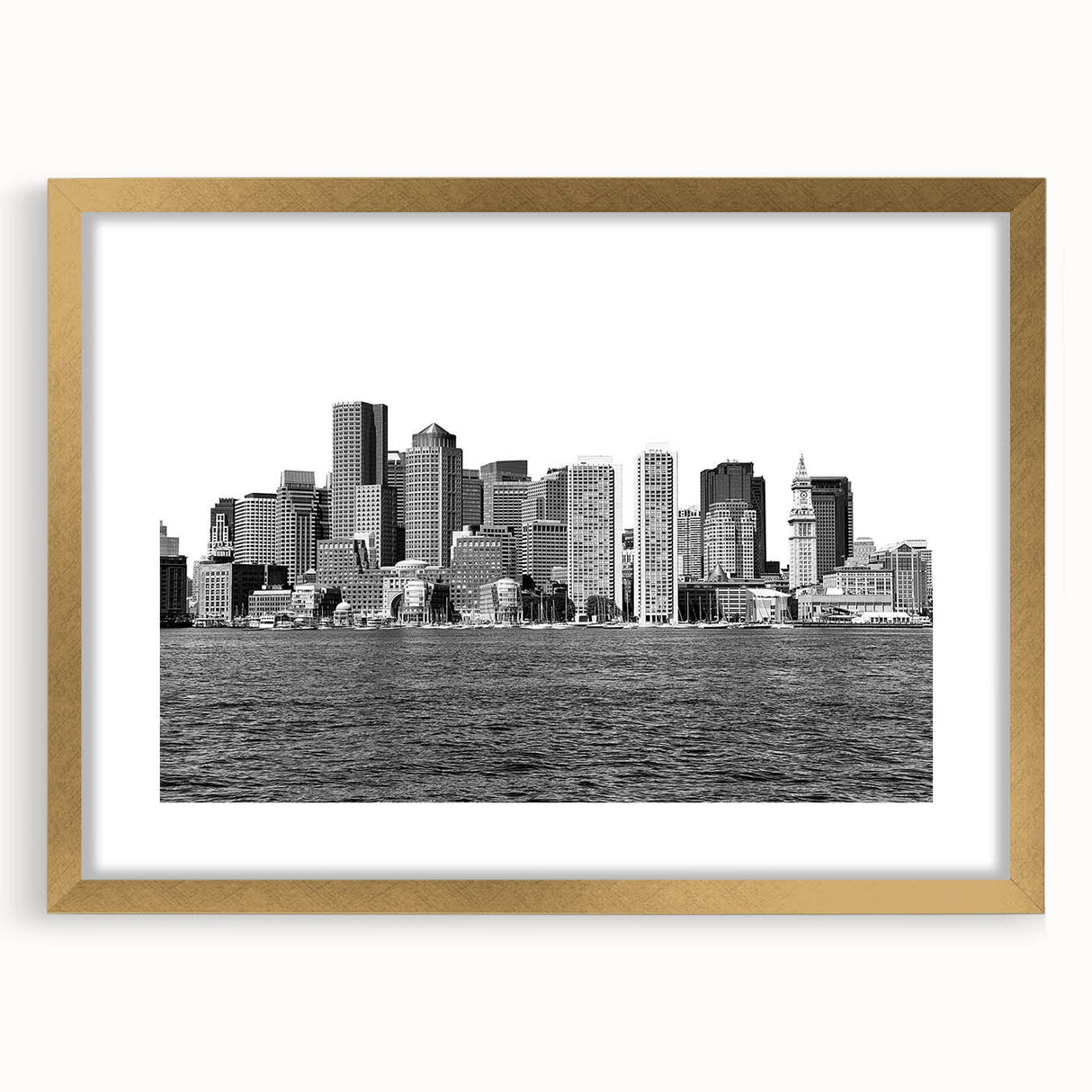 Extra large abstract art print of Boston skyline in textured gold frame, ideal for living room decor.