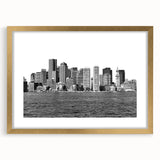 Extra large abstract art print of Boston skyline in textured gold frame, ideal for living room decor.
