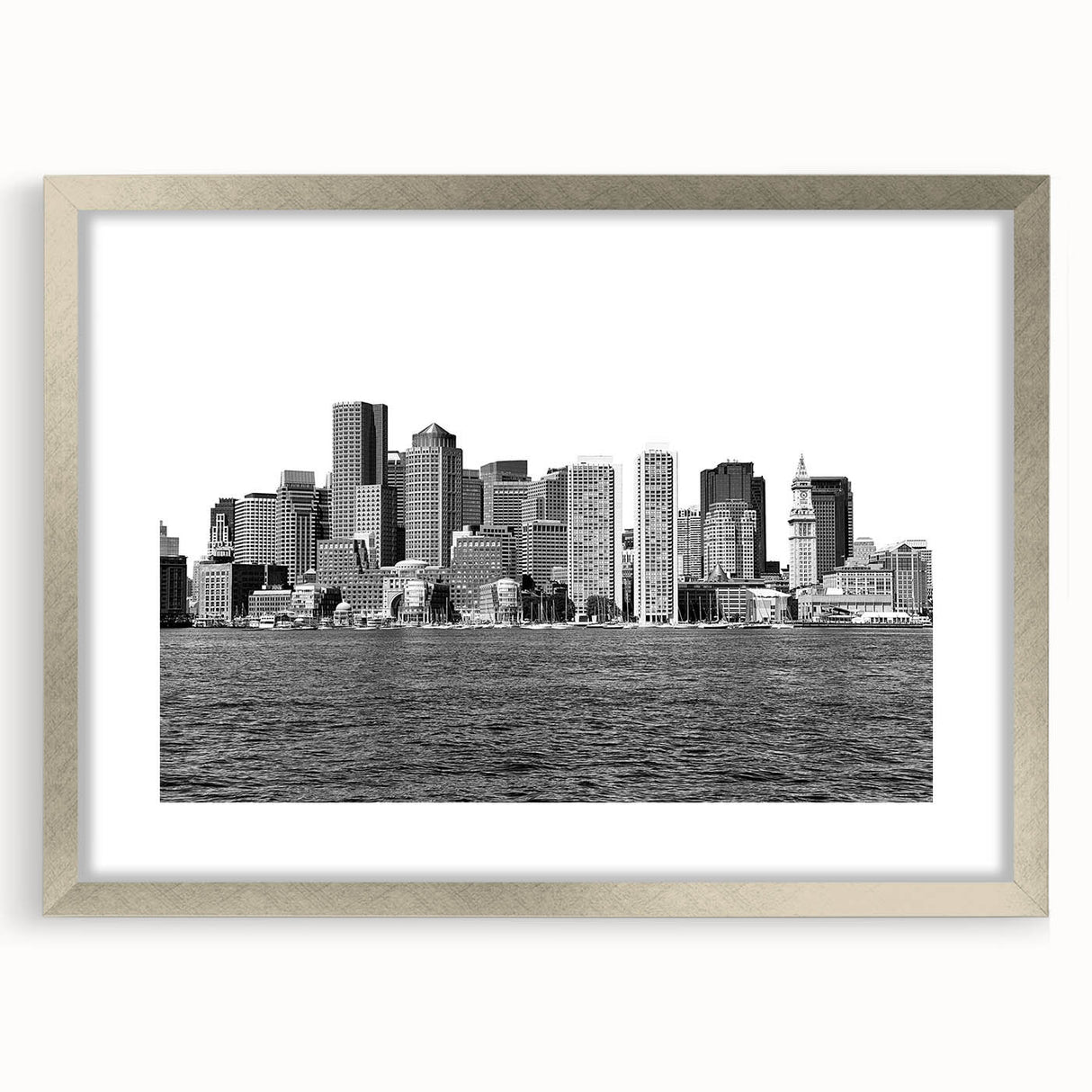 Textured abstract art print of Boston skyline in muted gray and silver hues, framed with a silver mat.