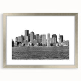 Textured abstract art print of Boston skyline in muted gray and silver hues, framed with a silver mat.