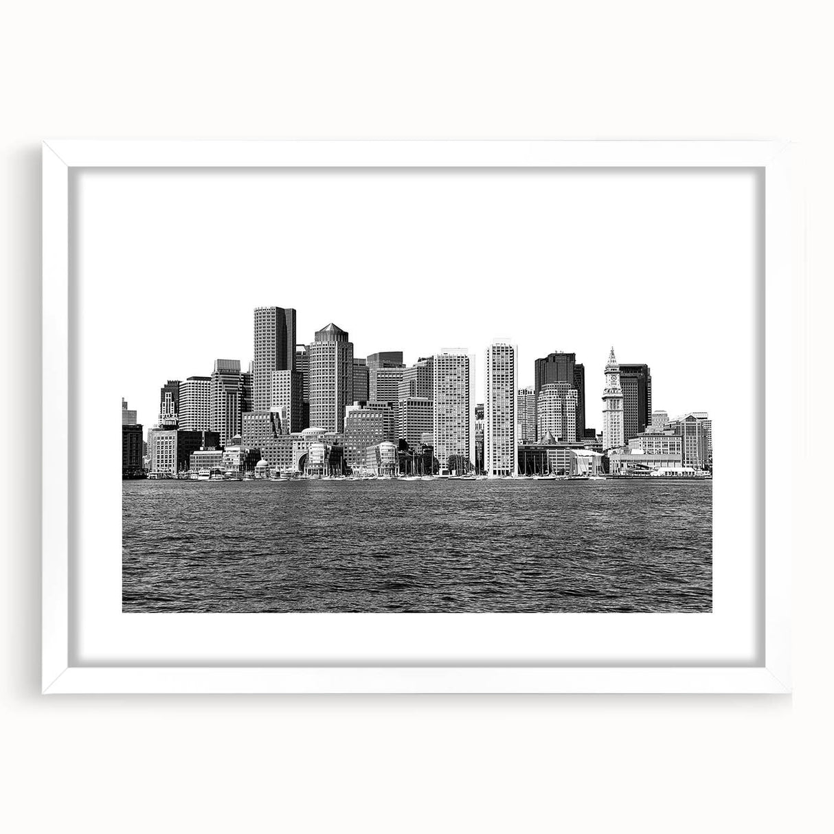 Abstract art print of Boston skyline in muted blue and grey tones on a framed white mat, ideal for dining room decor.