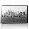 Large abstract wall art depicting Boston skyline in muted gray and blue tones on framed acrylic.