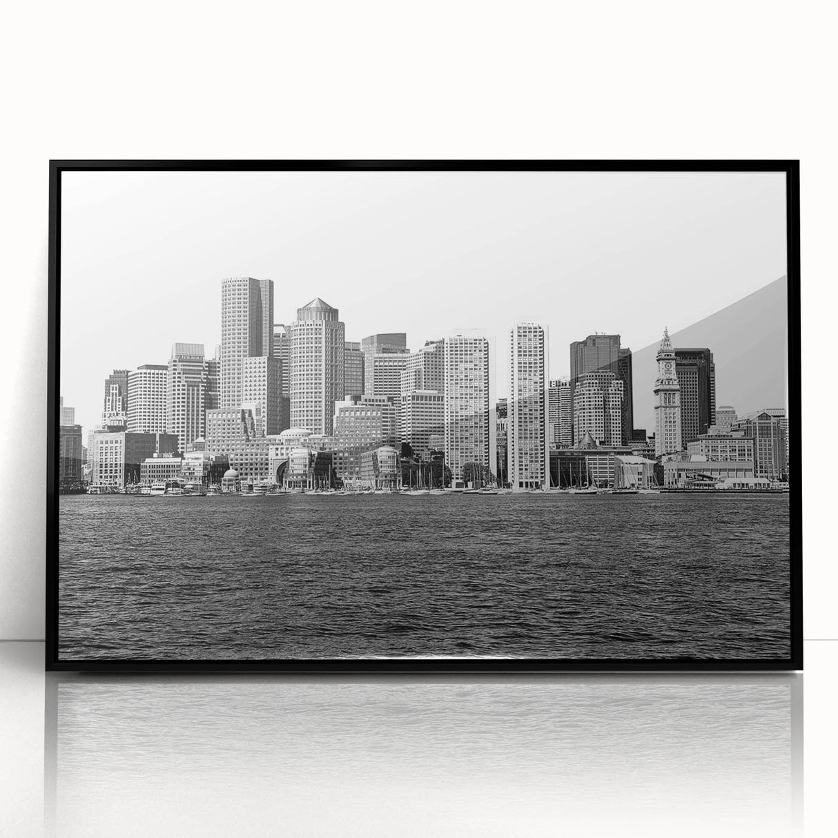 Large abstract wall art depicting Boston skyline in muted gray and blue tones on framed acrylic.