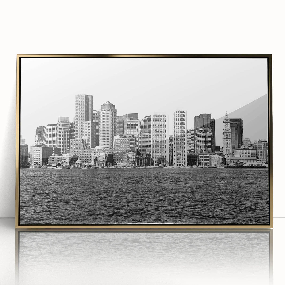 Framed acrylic print of Boston skyline in muted gold and blue tones, ideal for modern art wall decor.