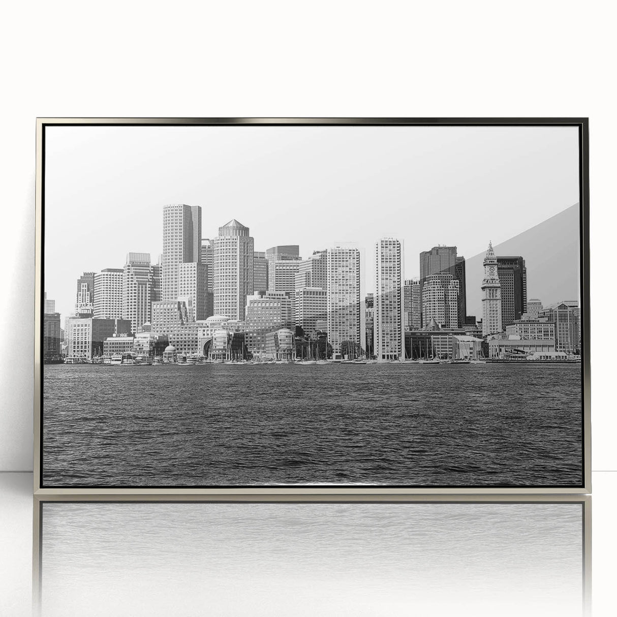 Mid-century modernist art of Boston skyline in muted blue tones on a framed acrylic, suitable for modern art wall decor.