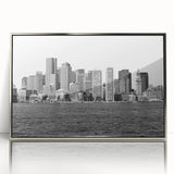 Mid-century modernist art of Boston skyline in muted blue tones on a framed acrylic, suitable for modern art wall decor.