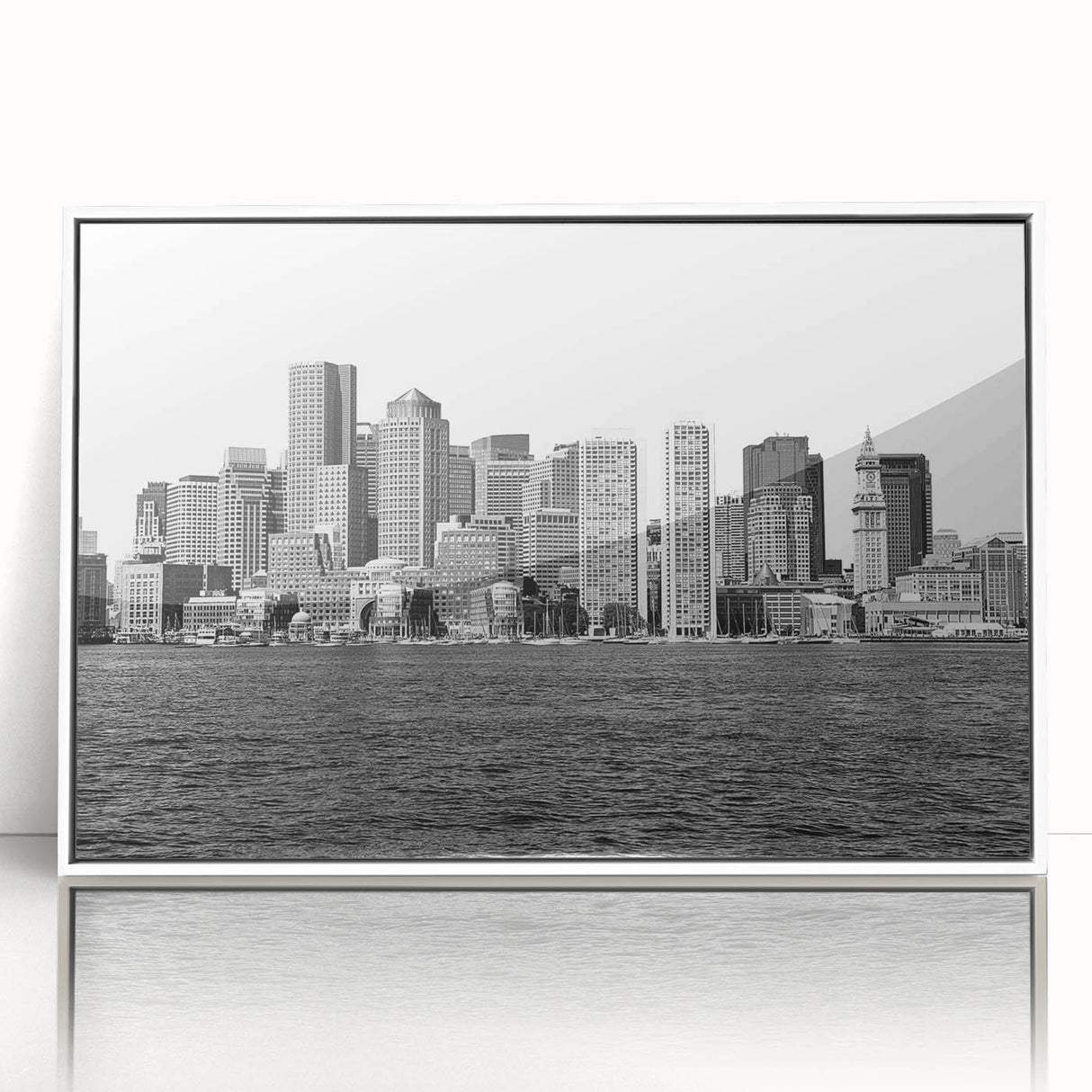 Acrylic print of Boston skyline with muted gray and blue tones in an art deco style, ideal for modern art wall decor.