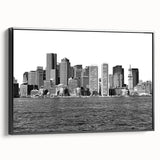 Black and white framed canvas of Boston landscape, ideal for bedroom wall art, featuring vintage poster style.