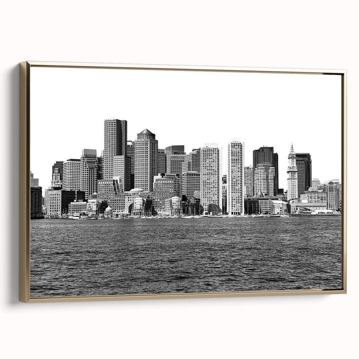 Framed canvas depicting a vintage-style Boston landscape in black and gold tones, ideal for bedroom wall art.