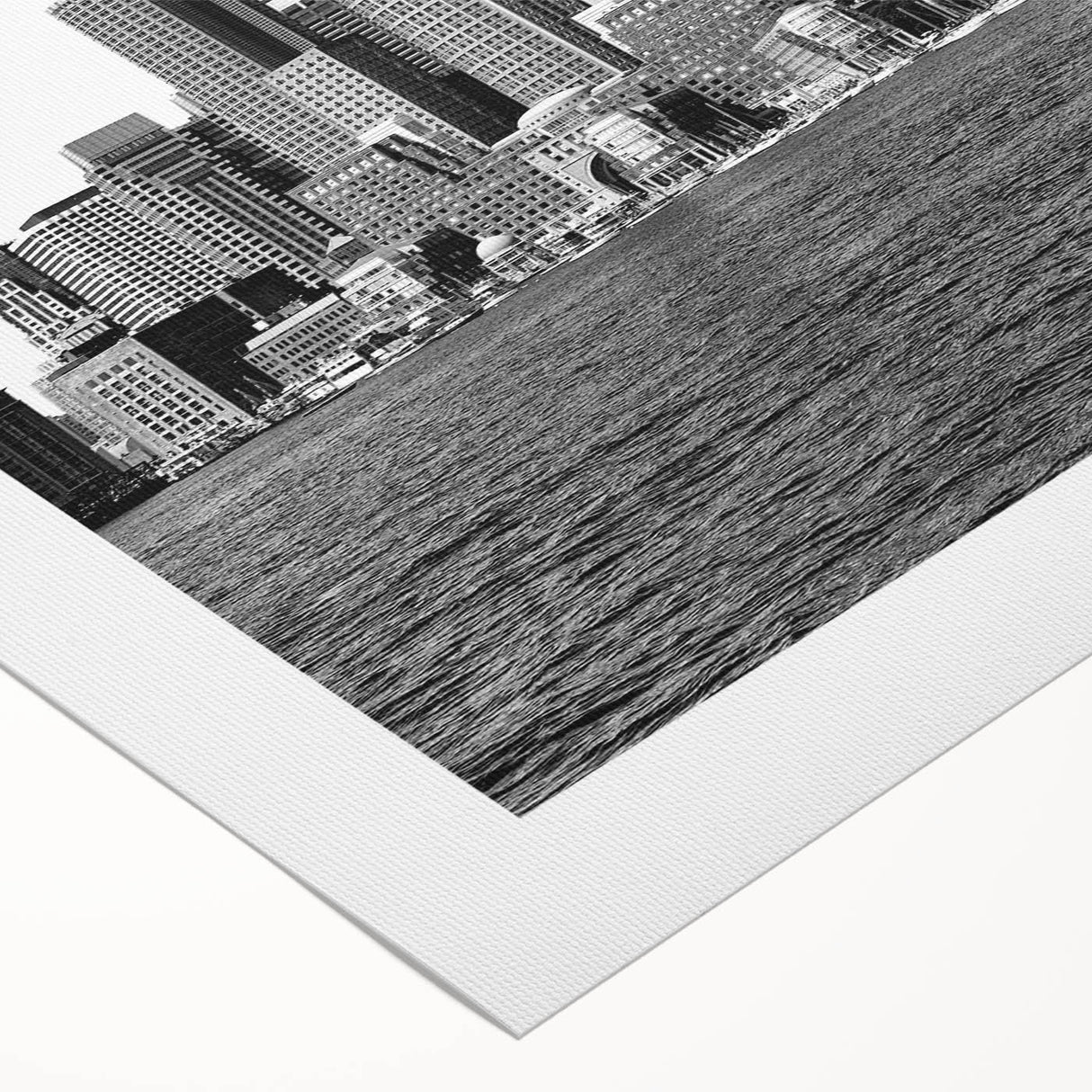 Art deco poster of Boston skyline in muted black and white on rolled canvas, suitable for dining room wall.