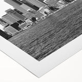 Art deco poster of Boston skyline in muted black and white on rolled canvas, suitable for dining room wall.