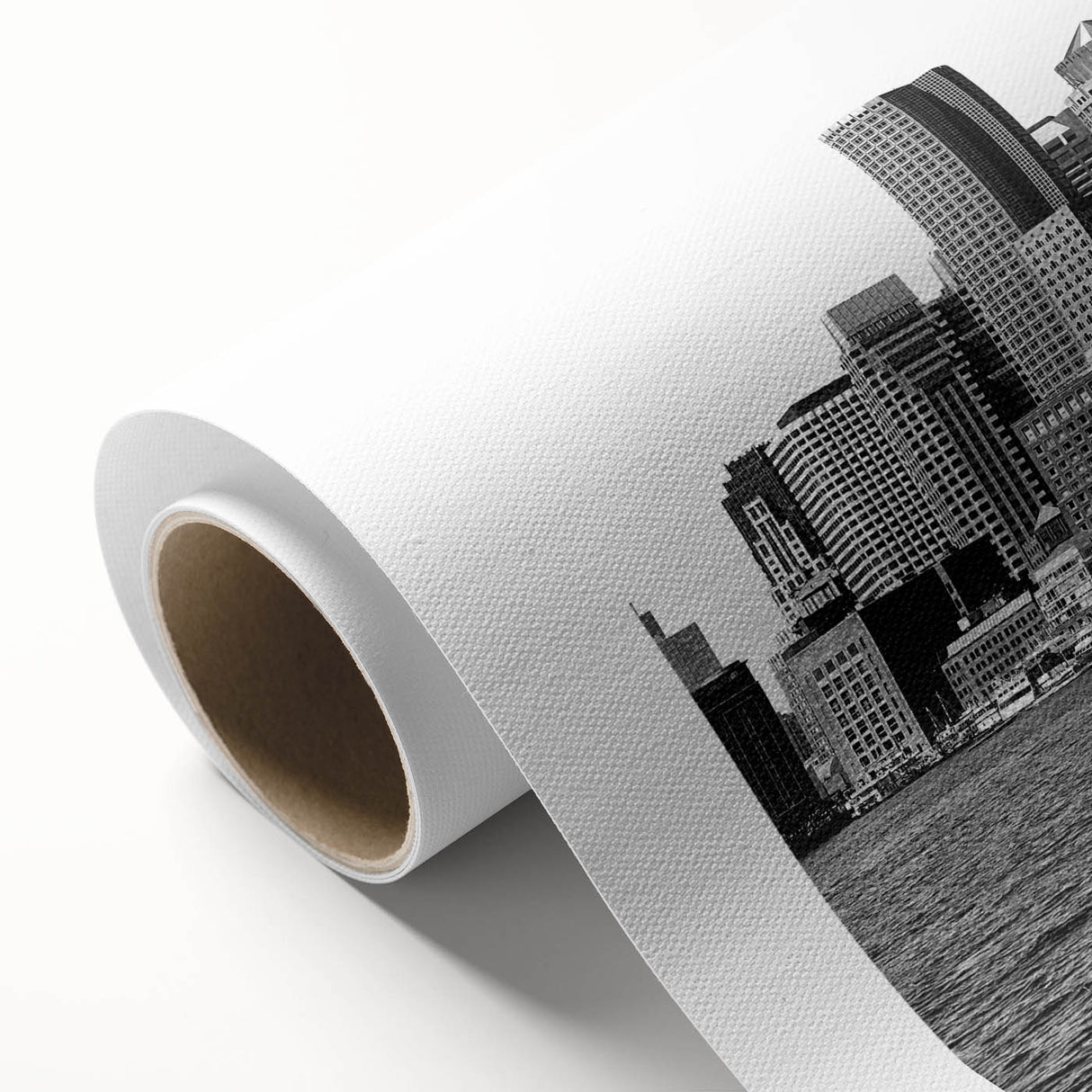 Art deco poster of Boston skyline in muted blue and gray tones on rolled canvas, ideal for nursery wall art.