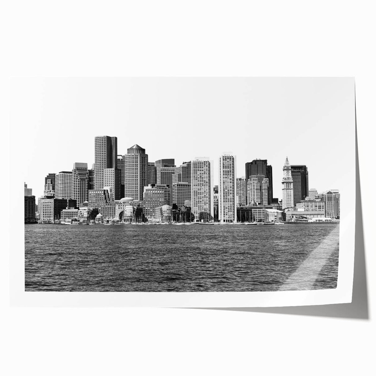 Rolled print of Boston skyline in muted gray and blue tones, ideal for art wall dining room.