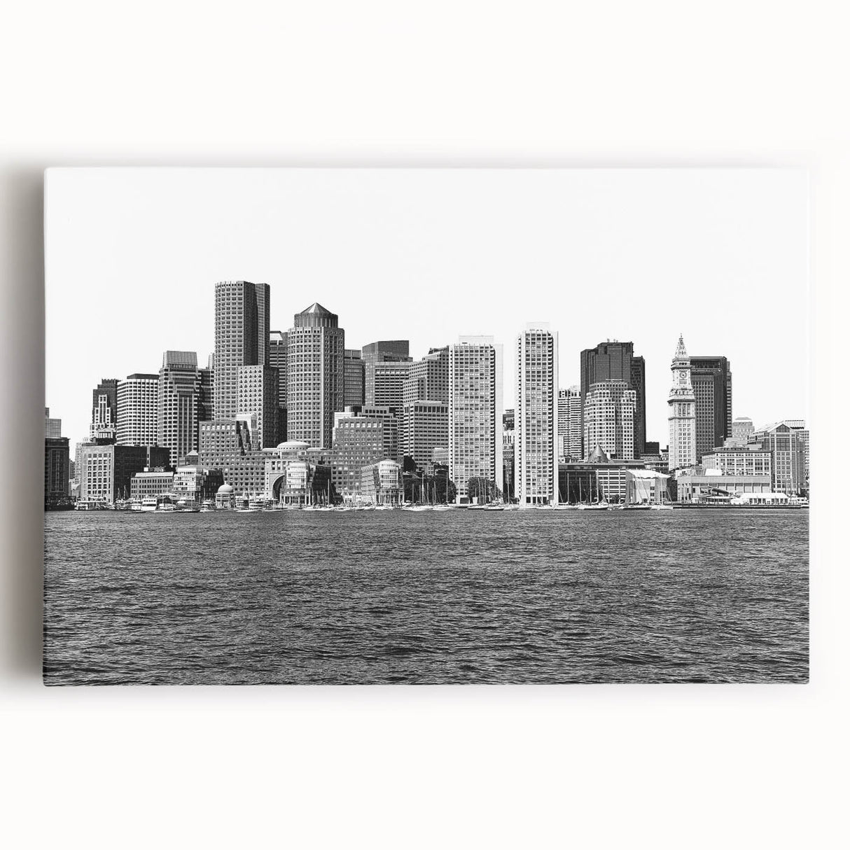 Black and white photograph of Boston skyline on large stretched canvas, suitable as kitchen art.
