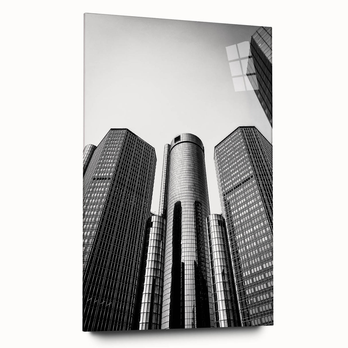 Large abstract wall art of Detroit skyline in muted blue tones on acrylic glass, ideal for bedroom or dining room decor.