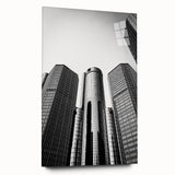 Large abstract wall art of Detroit skyline in muted blue tones on acrylic glass, ideal for bedroom or dining room decor.
