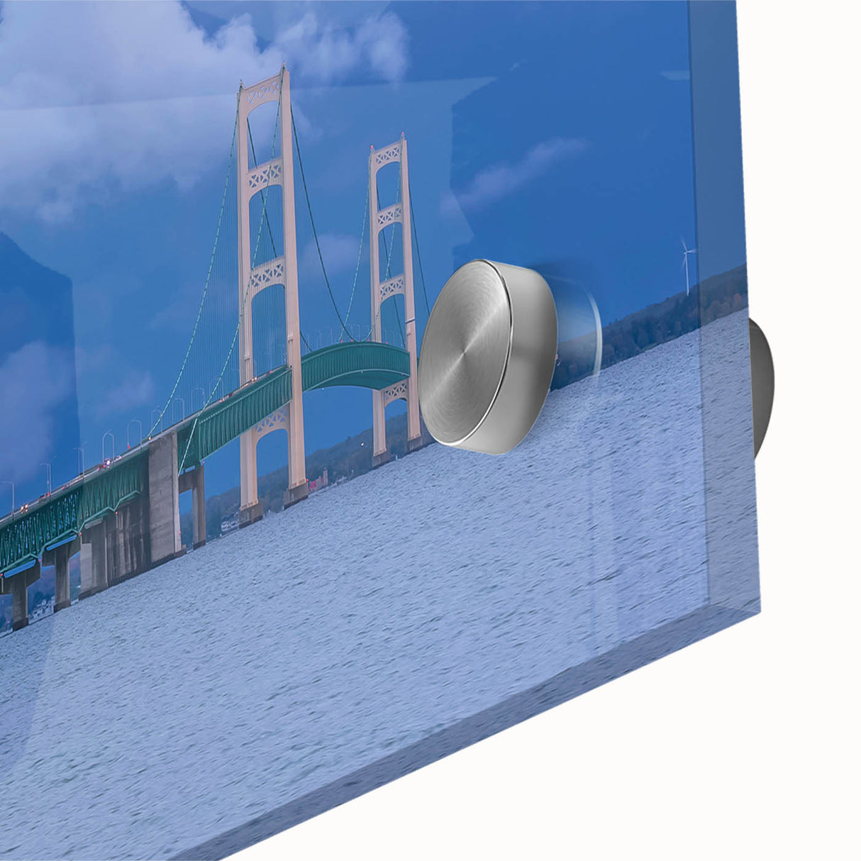 Large abstract wall art depicting Michigan's Upper Peninsula in muted green and blue tones on acrylic glass.
