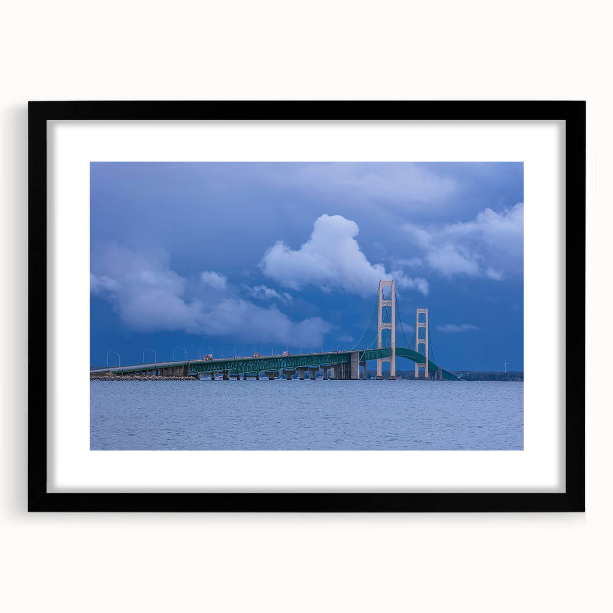 Extra large abstract art print of Michigan's Upper Peninsula in vibrant colors on a textured canvas, framed in black.