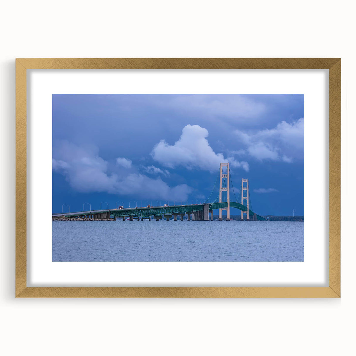 Extra large wall art depicting an abstract Michigan Upper Peninsula scenery in textured gold frame.