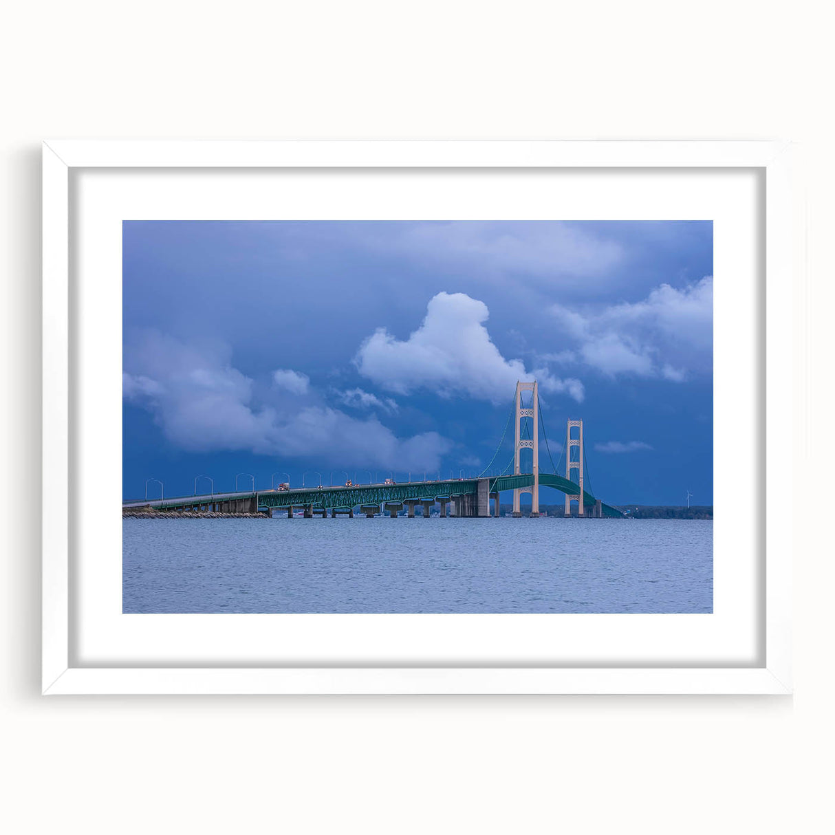 Abstract art print of Michigan's Upper Peninsula in muted earth tones on a framed white mat, suitable for dining room decor.