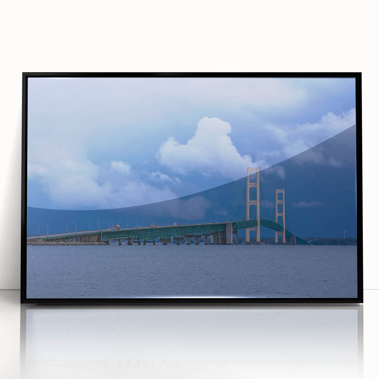 Large abstract wall art of Michigan's Upper Peninsula in muted earth tones, framed in black acrylic.