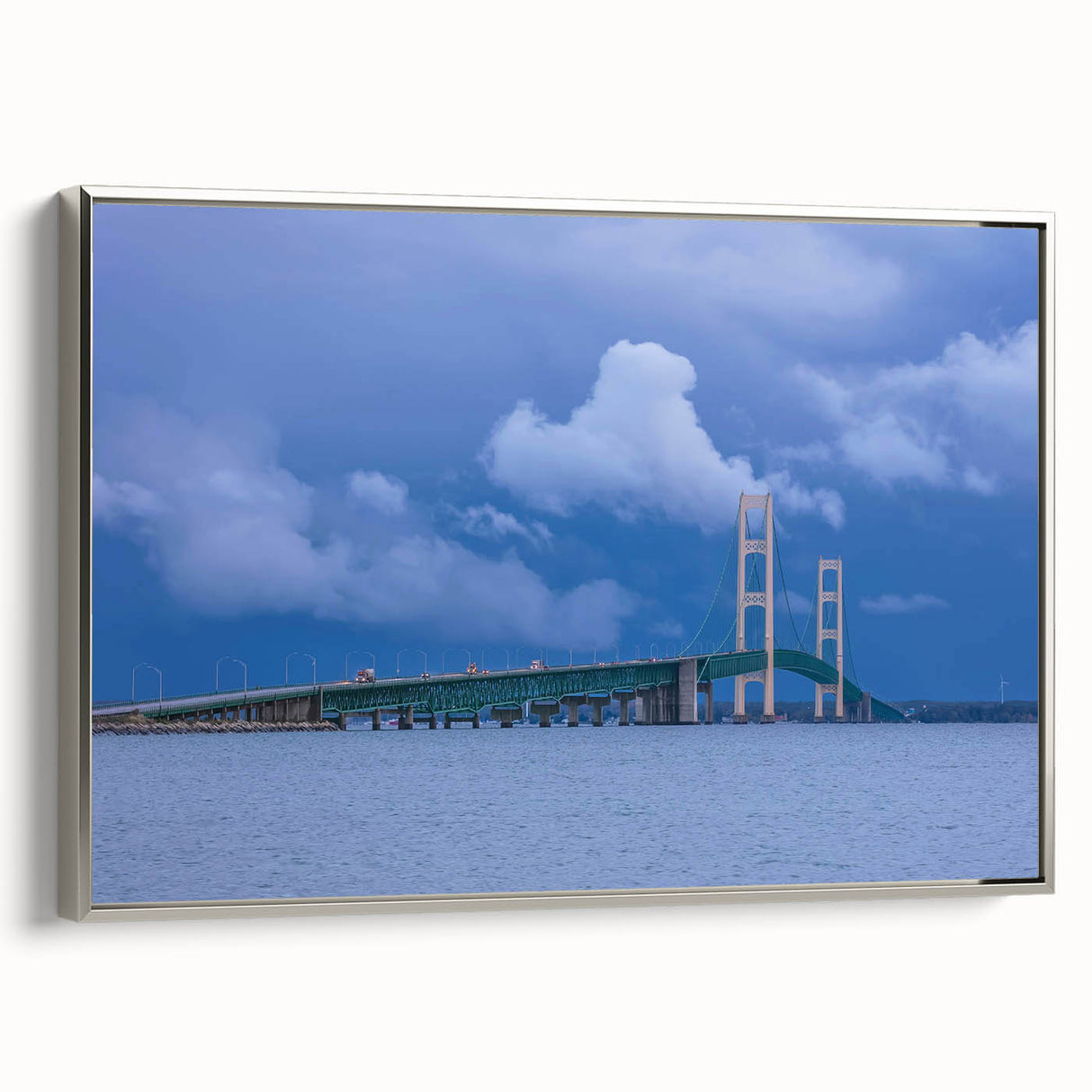 Framed canvas depicting a colorful landscape of Michigan's Upper Peninsula, ideal for living room decor.
