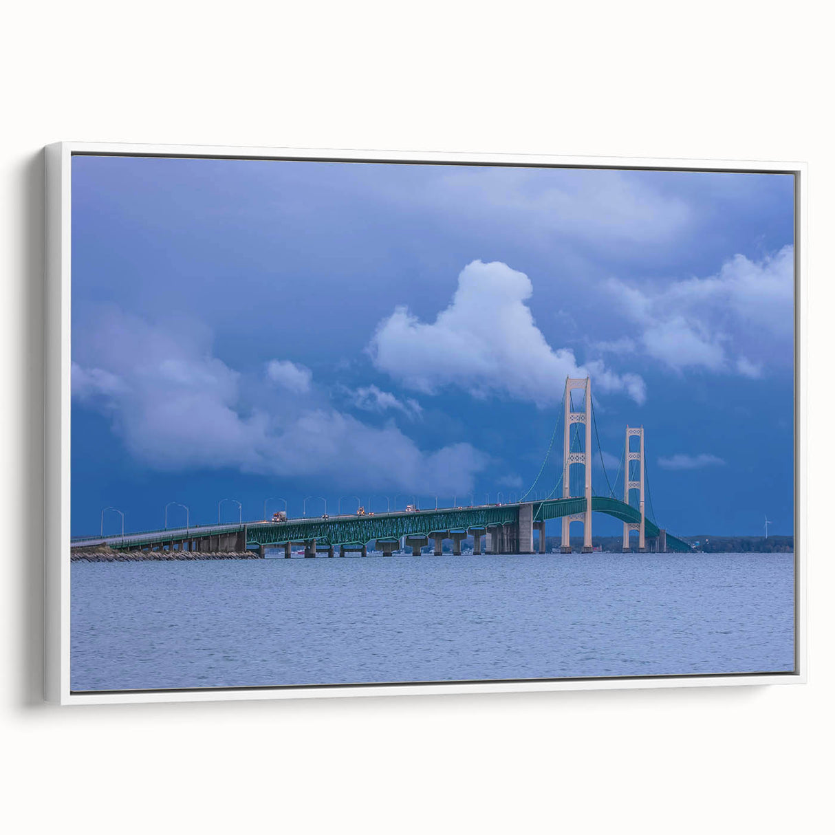Vintage poster art of Michigan's Upper Peninsula in colorful tones on a large white-framed canvas.