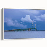 Vintage poster art of Michigan's Upper Peninsula in colorful tones on a large white-framed canvas.