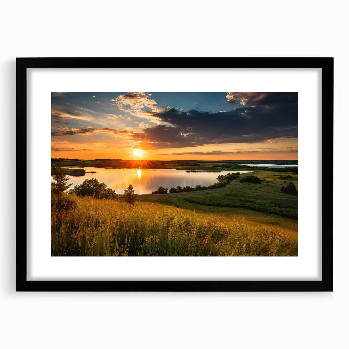 Abstract art print of a vibrant, colorful Minnesota landscape on a textured, extra large canvas, framed in black.