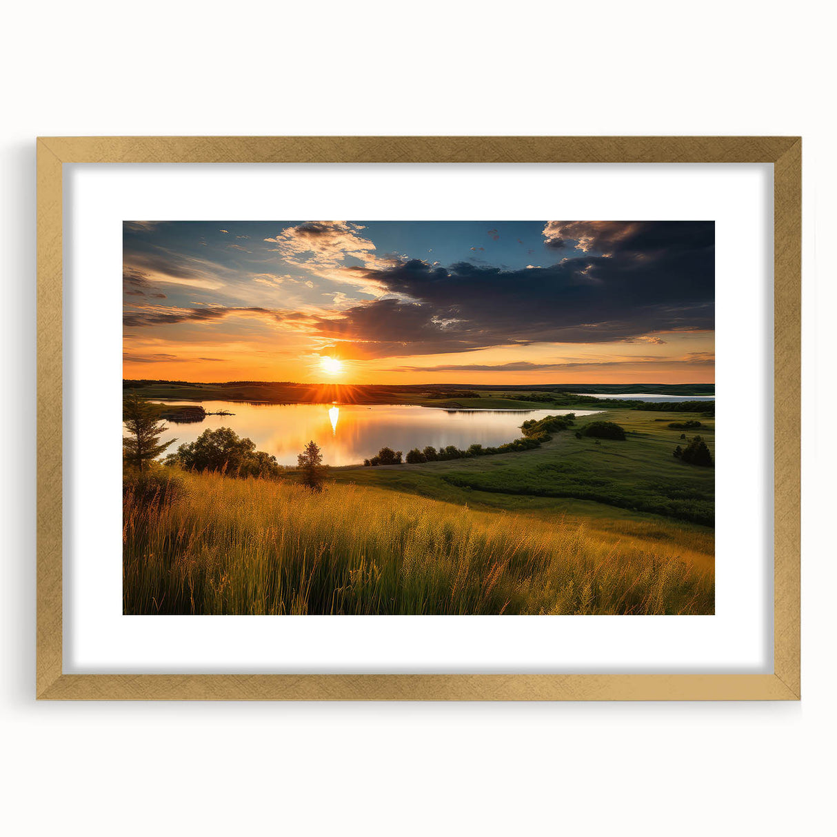 Extra large abstract art print of Minnesota scenery in gold frame, featuring textured brush strokes and muted earth tones.