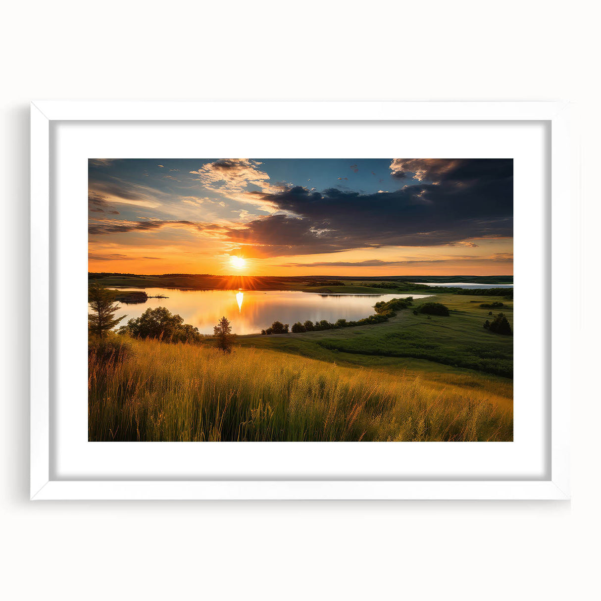 Abstract art print of a Minnesota landscape in muted blue and green tones, framed with a white mat.