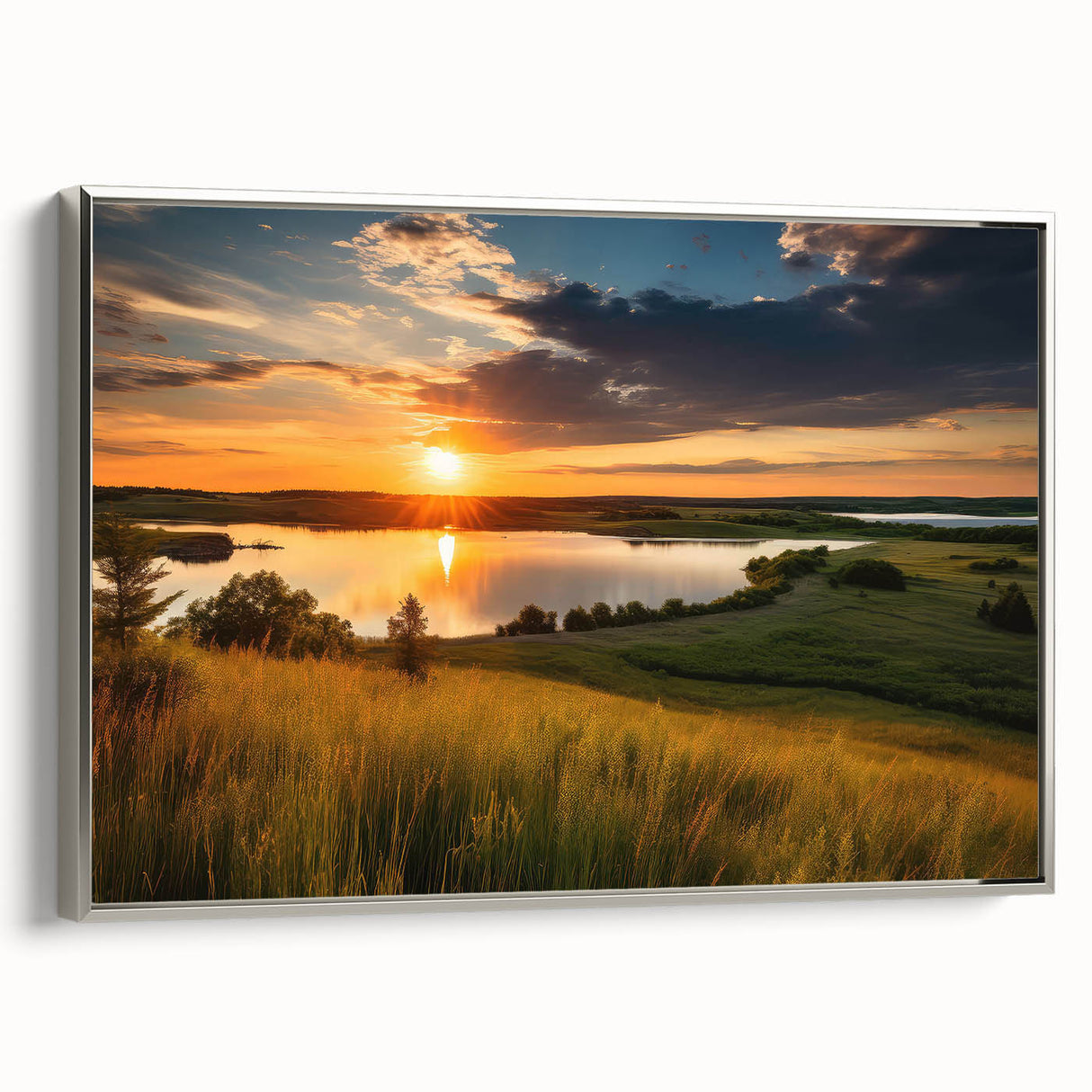 Landscape art painting of Minnesota scenery on framed canvas, featuring silver frame and colorful palette.
